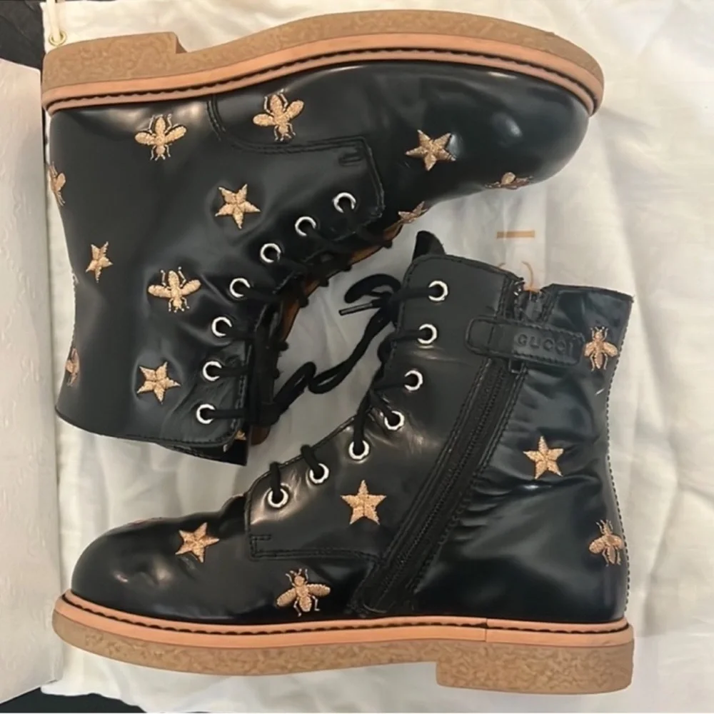 Authentic Gucci luxury designer embroidered lace up leather boots sz 12 kids